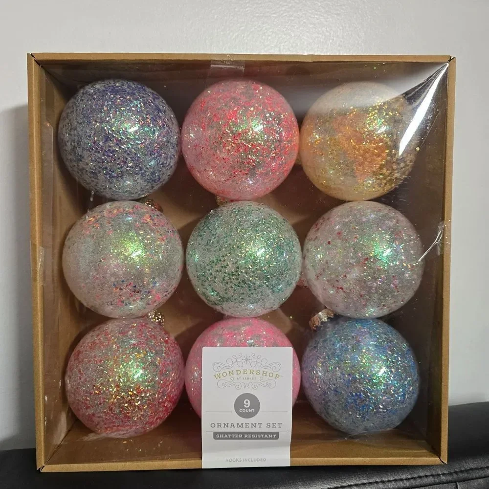 NEW 9ct 100mm Christmas Glitter Finish Ornament Set Multicolor Wondershop
